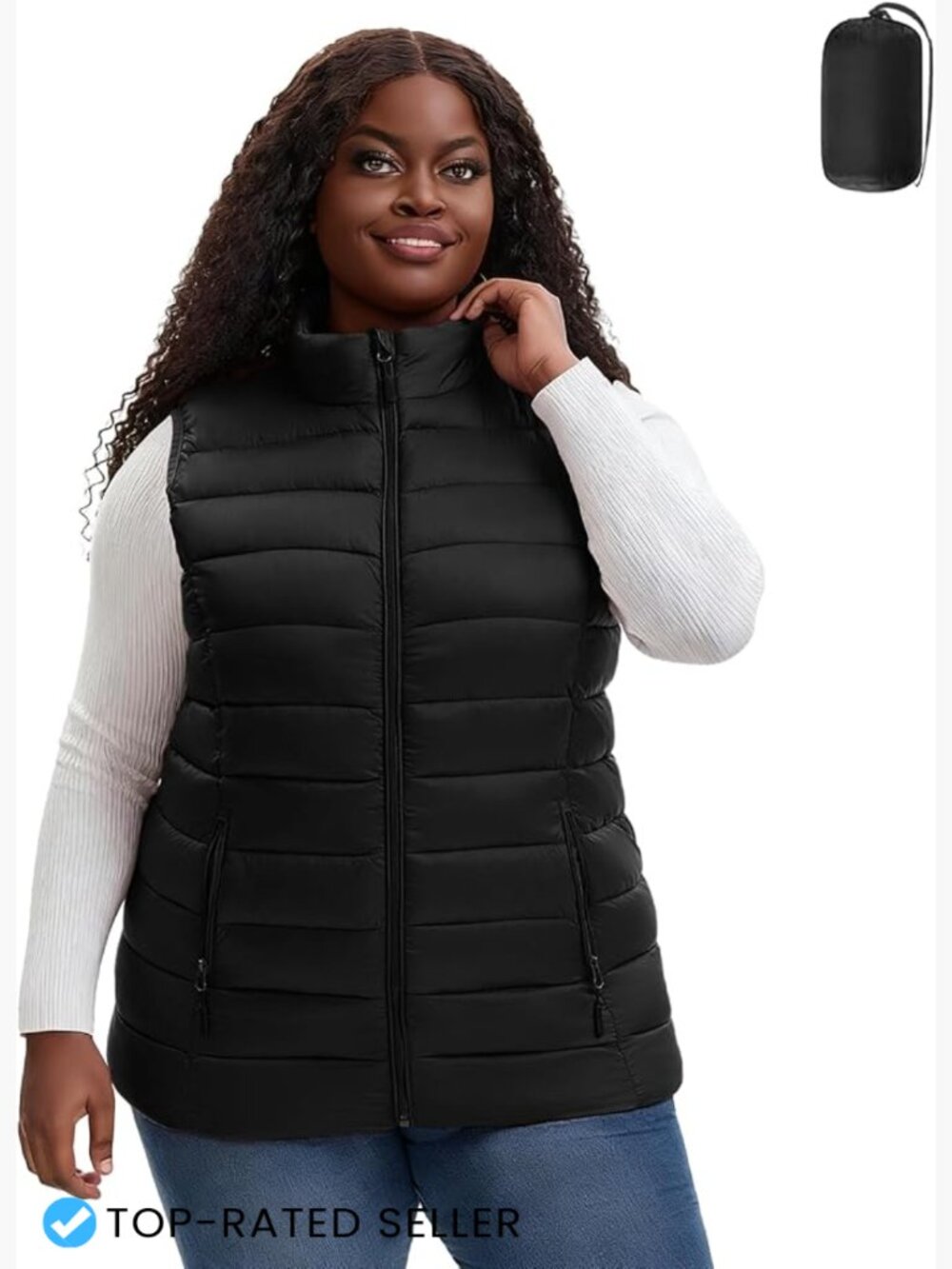 Plus Size Puffer Vest Quilted Lightweight Packable Stand Collar Zip Pockets